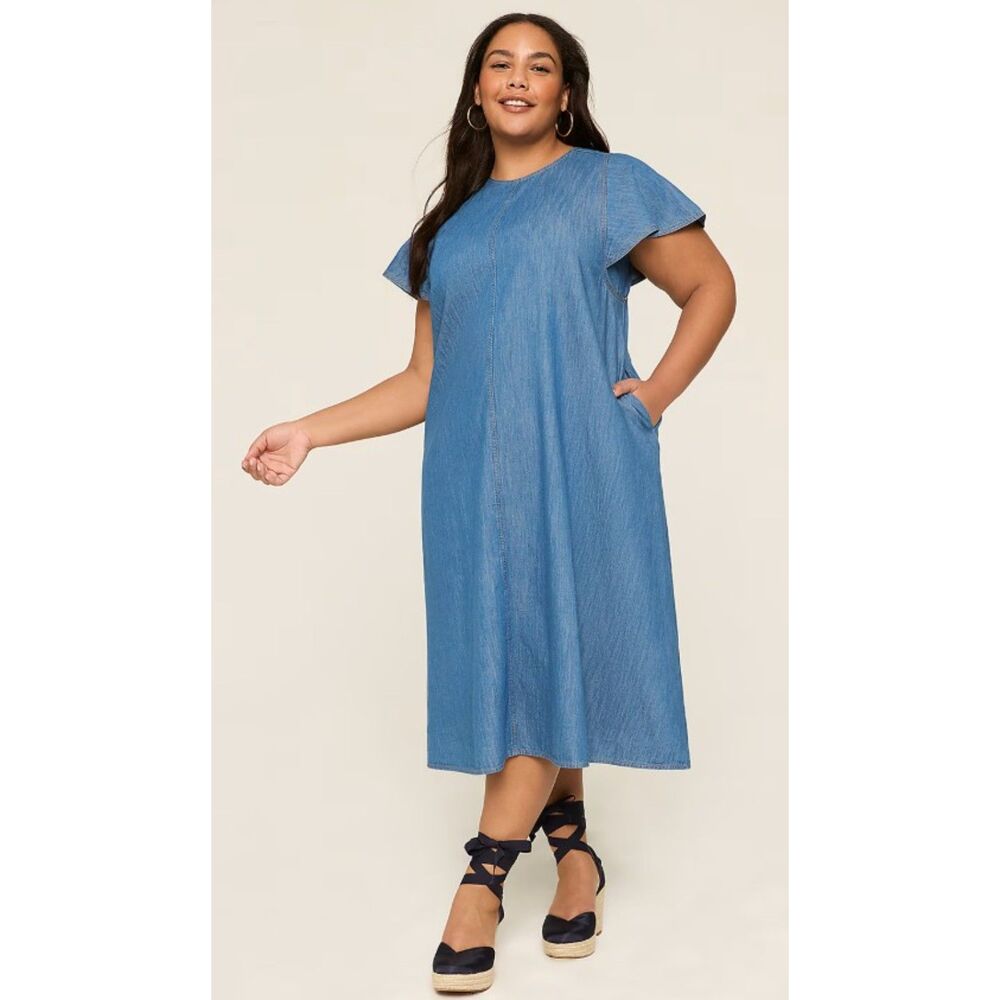 LANE BRYANT Light Blue Denim Plus Sz 24 Flutter Sleeve A-Line Midi Dress Pockets